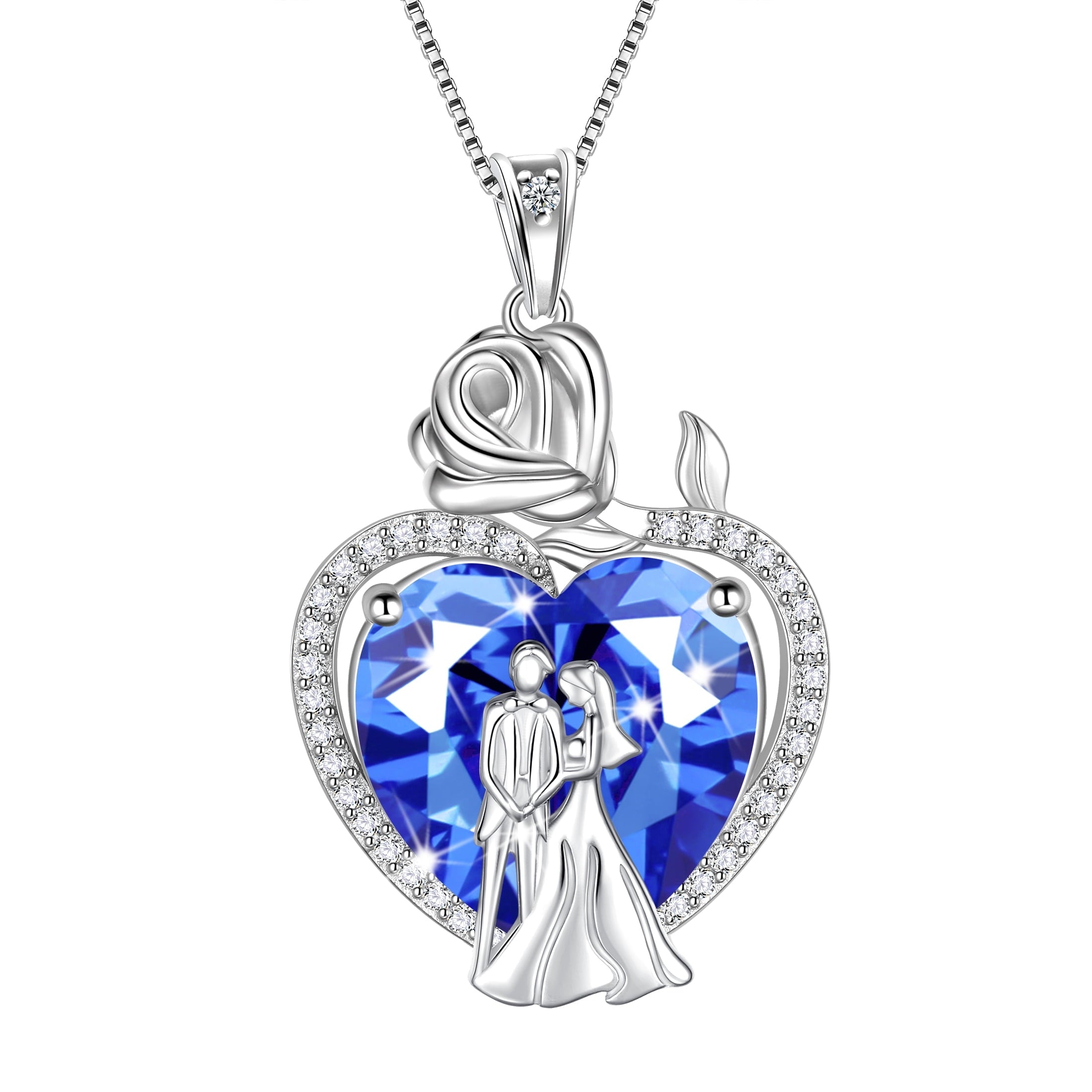 Couple Necklace for Women 925 Sterling Silver 15MM Heart December Birthstone Rose Flower Pendant Promise Engagement Jewelry Valentines Day Gift for Her Wife Bride - Aurora Tears