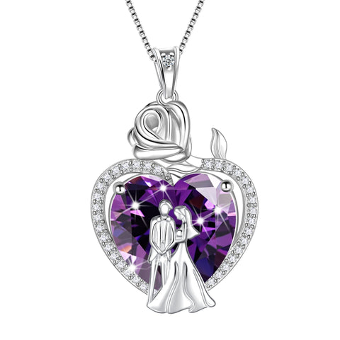 Couple Necklace for Women 925 Sterling Silver Heart February Birthstone Rose Flower Pendant Wedding Engagement Jewelry Valentines Day Gift for Her Wife/Girlfriend - Aurora Tears