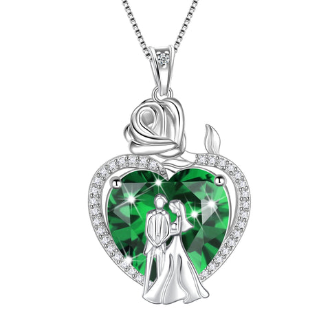 Couple Necklace for Women 925 Sterling Silver 15MM Heart May Birthstone Rose Flower Pendant Wedding Engagement Jewelry Valentines Day Gift for Her Wife/Girlfriend - Aurora Tears