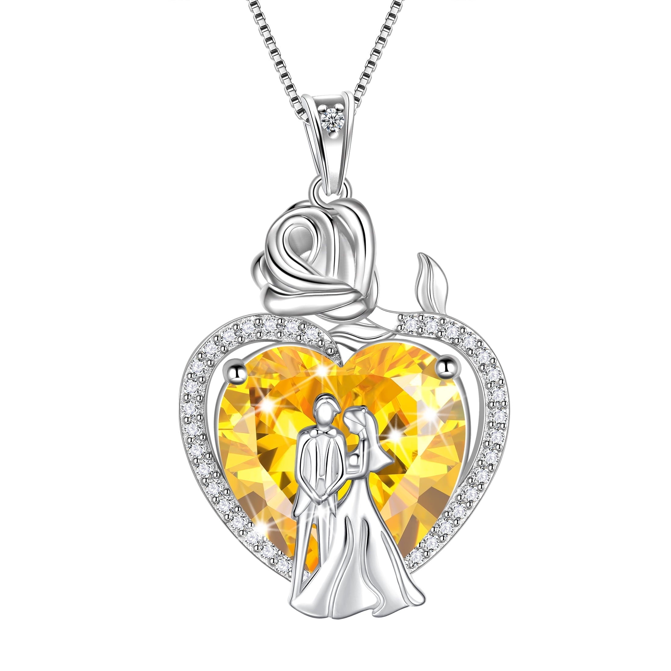 Couple Necklace for Women 925 Sterling Silver 15MM Heart November Birthstone Rose Flower Pendant Promise Engagement Jewelry Valentines Day Gift for Her Wife Bride - Aurora Tears