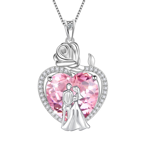Couple Necklace for Women 925 Sterling Silver 15MM Heart October Birthstone Rose Flower Pendant Wedding Engagement Jewelry Valentine's Day Gift for Her Wife Bride - Aurora Tears