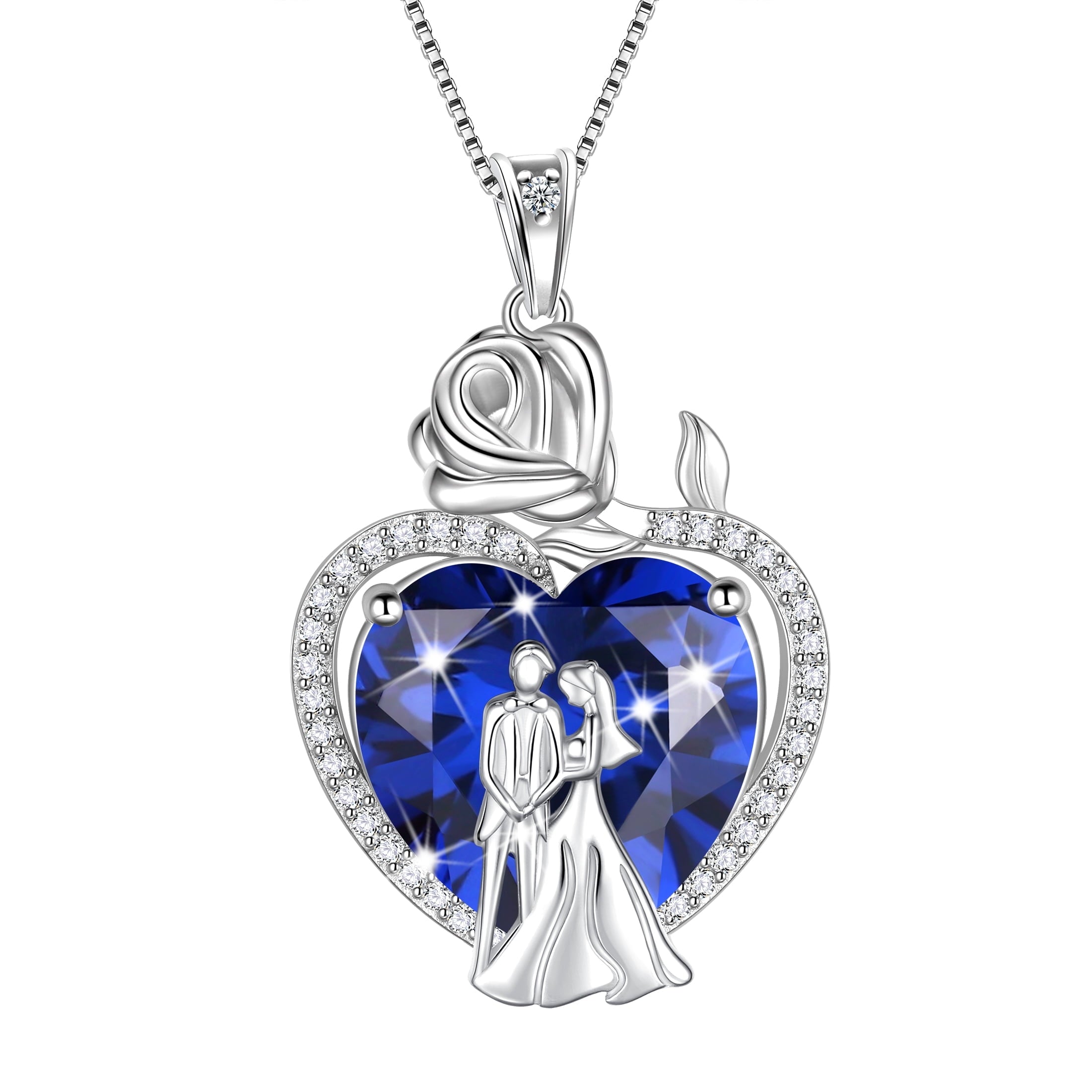 Couple Necklace for Women 925 Sterling Silver 15MM Heart September Birthstone Rose Flower Pendant Wedding Engagement Bridal Jewelry Valentines Gift for Her Wife - Aurora Tears