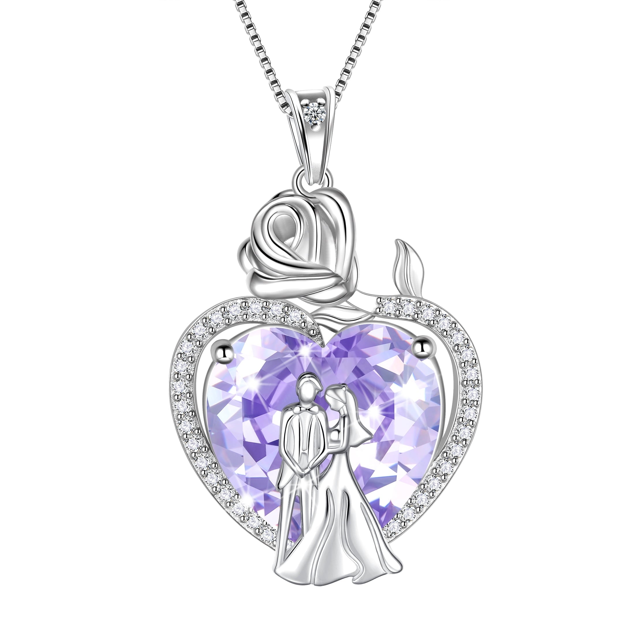 Couple Necklace for Women 925 Sterling Silver 15MM Heart June Birthstone Rose Flower Pendant Promise Engagement Bridal Jewelry Valentines Gift for Wife Girlfriend - Aurora Tears