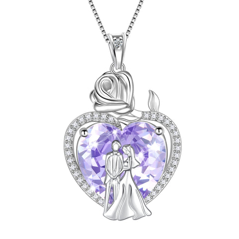 Couple Necklace for Women 925 Sterling Silver 15MM Heart June Birthstone Rose Flower Pendant Promise Engagement Bridal Jewelry Valentines Gift for Wife Girlfriend - Aurora Tears