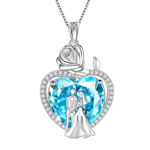 Couple Necklace for Women 925 Sterling Silver 15MM Heart March Birthstone Rose Flower Pendant Wedding Engagement Jewelry Valentine's Day Gifts for Wife Bride Her - Aurora Tears