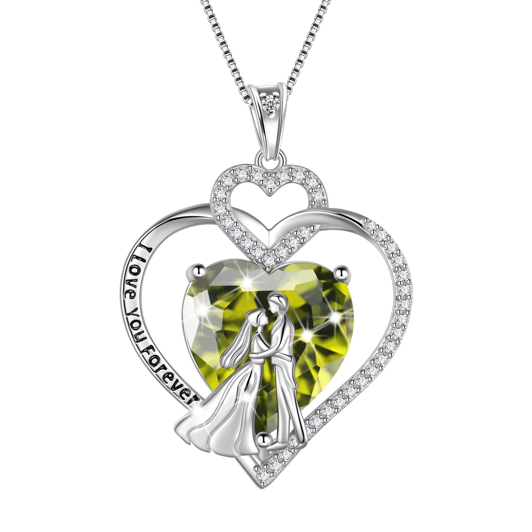 Couple Necklace for Women 925 Sterling Silver Heart August Birthstone Pendant Engraved Love You Wedding Engagement Jewelry Valentines Gift for Wife Girlfriend Her - Aurora Tears