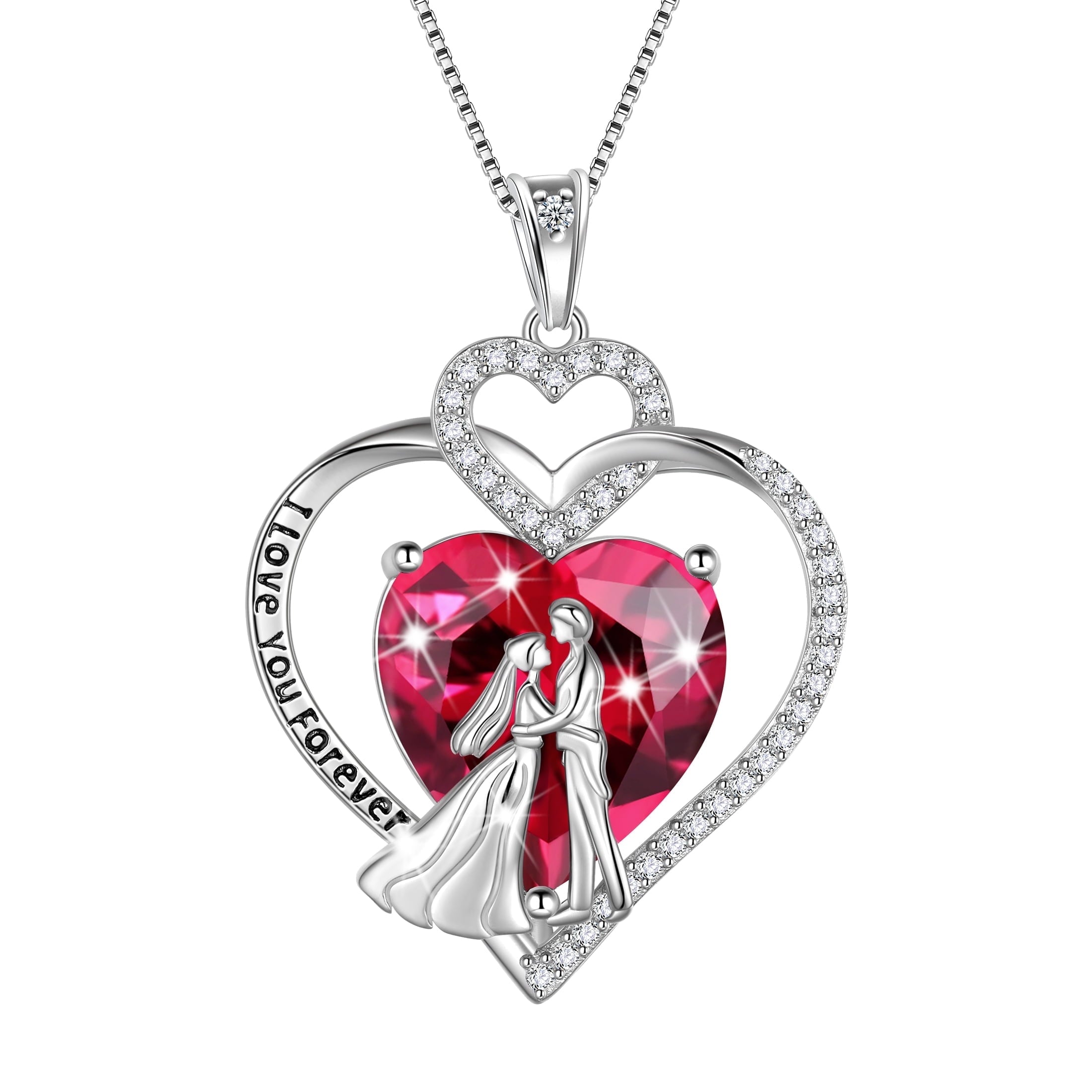 Couple Necklace for Women 925 Sterling Silver Heart July Birthstone Pendant Love You Wedding Engagement Jewelry Valentines Day Gift for Her Wife Girlfriend Bride - Aurora Tears