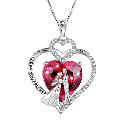 Couple Necklace for Women 925 Sterling Silver Heart July Birthstone Pendant Love You Wedding Engagement Jewelry Valentines Day Gift for Her Wife Girlfriend Bride - Aurora Tears