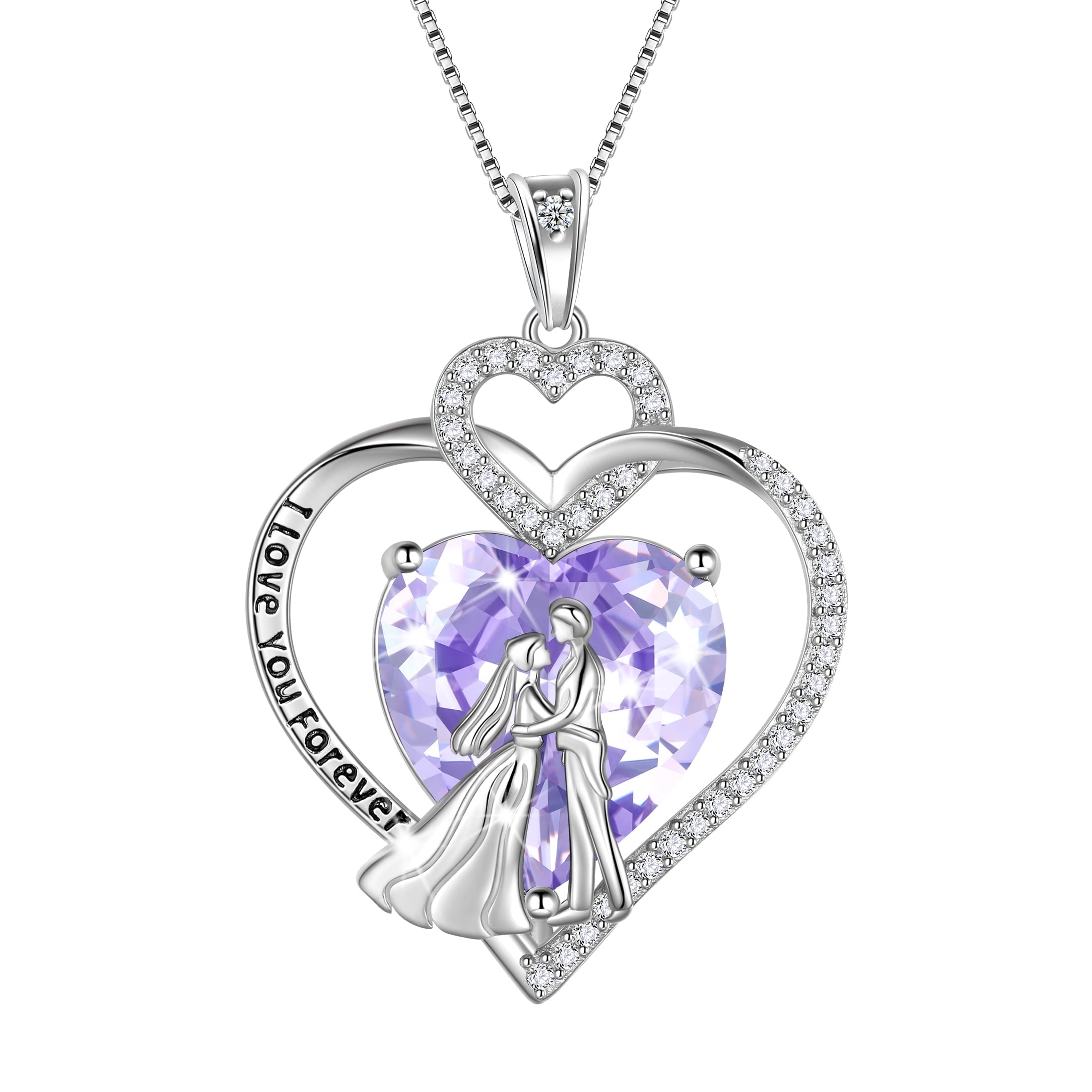 Couple Necklace for Women 925 Sterling Silver Heart June Birthstone Pendant Love You Forever Wedding Engagement Bridal Jewelry Valentines Gift for Wife Girlfriend - Aurora Tears