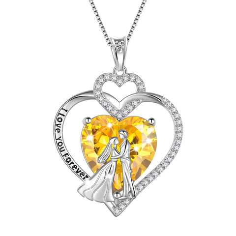 Couple Necklace for Women 925 Sterling Silver Heart November Birthstone Pendant Engraved Love Promise Engagement Jewelry Valentine's Day Gifts for Her Wife Bride - Aurora Tears