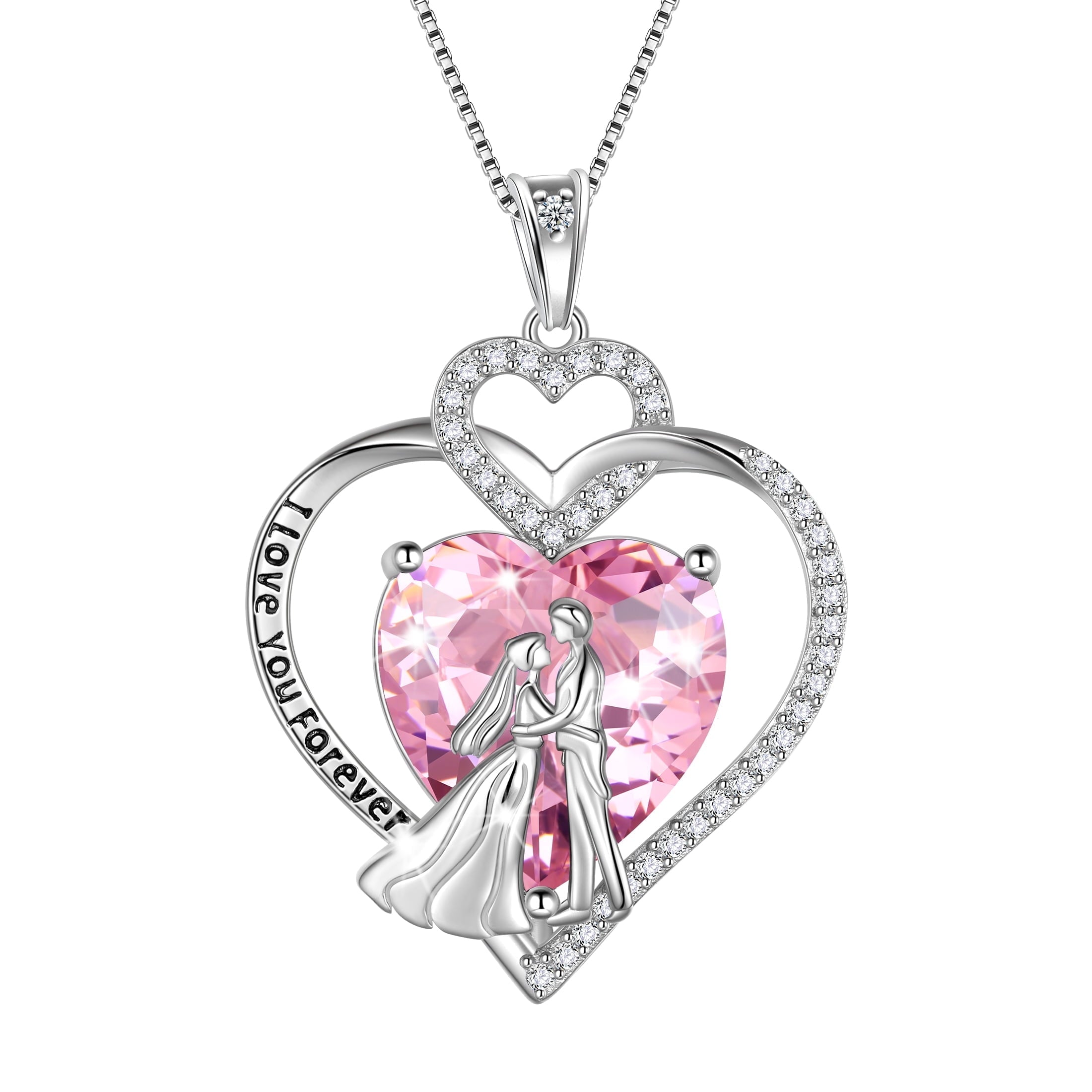 Couple Necklace for Women 925 Sterling Silver Heart October Birthstone Pendant Love Wedding Engagement Jewelry Valentine's Day Gift for Her Wife Bride Girlfriend - Aurora Tears