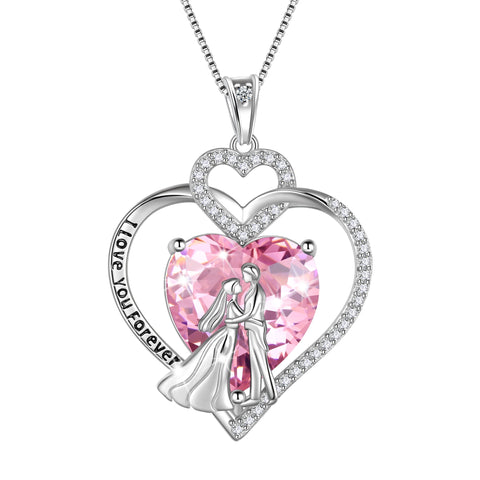 Couple Necklace for Women 925 Sterling Silver Heart October Birthstone Pendant Love Wedding Engagement Jewelry Valentine's Day Gift for Her Wife Bride Girlfriend - Aurora Tears
