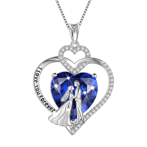 Couple Necklace for Women 925 Sterling Silver Heart September Birthstone Pendant Love Wedding Engagement Bridal Jewelry Valentines Gifts for Her Wife Girlfriend - Aurora Tears