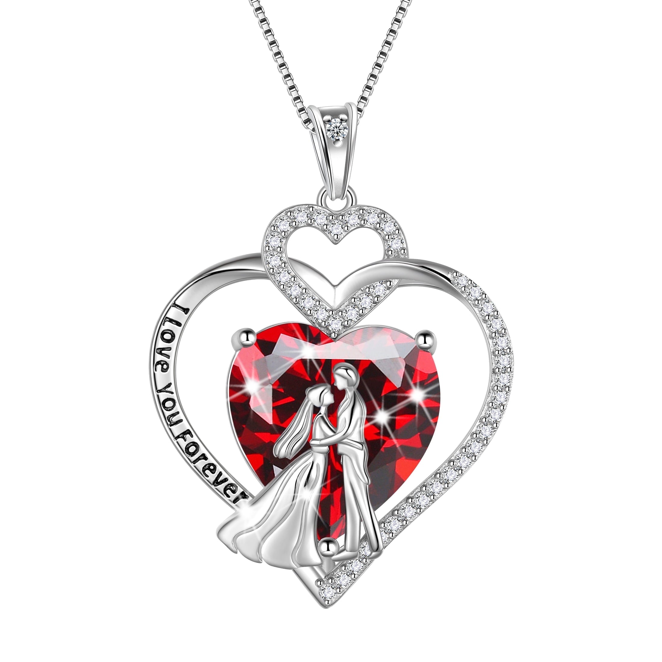 Couple Necklace for Women 925 Sterling Silver Heart January Birthstone Pendant Engraved Bridal Wedding Engagement Jewelry Valentines Gifts for Her Wife Girlfriend - Aurora Tears