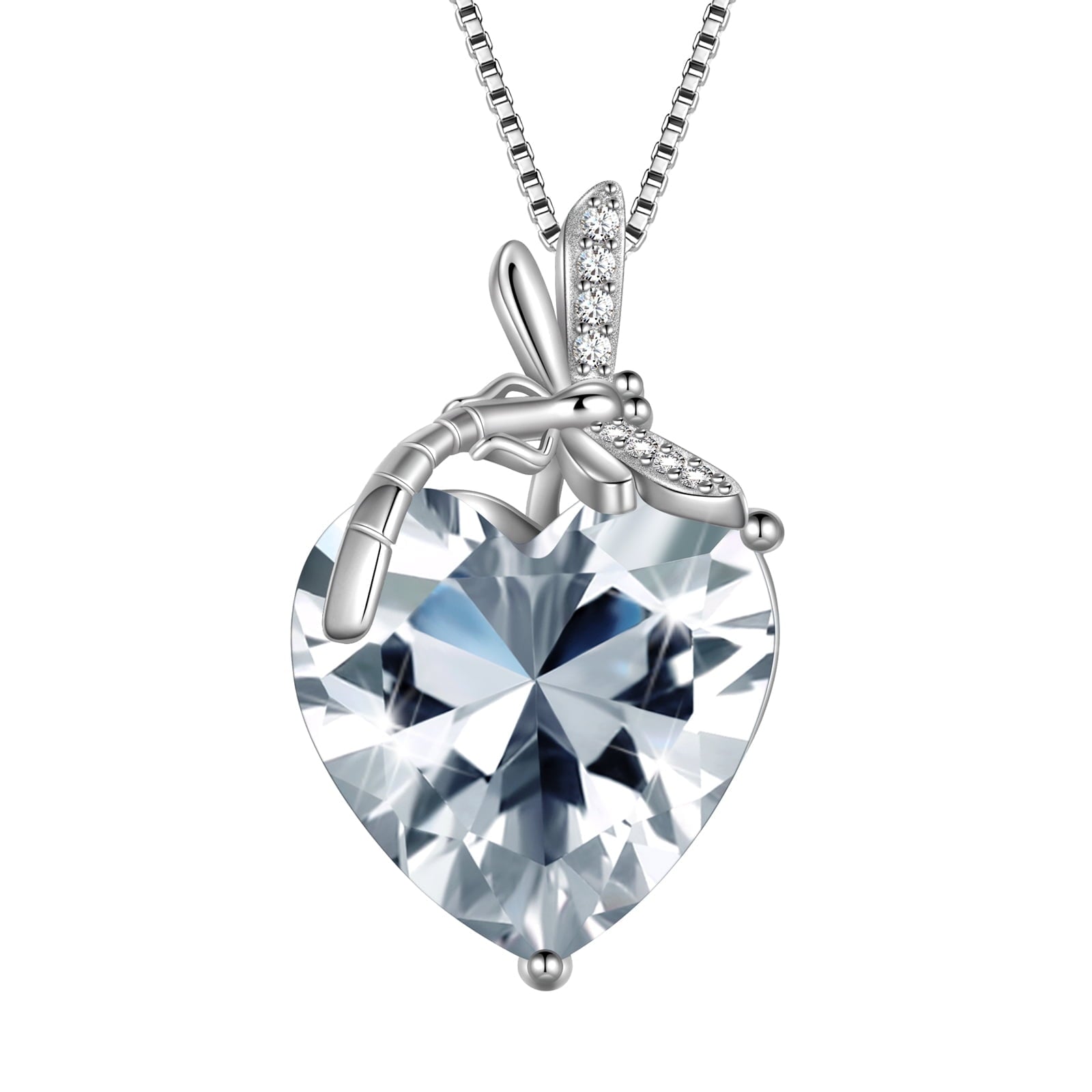 Dragonfly Necklace Heart April Birthstone Necklace Diamond CZ 925 Sterling Silver Pendant White Jewelry Women Birthday Christmas Mother's Day Gift - Aurora Tears