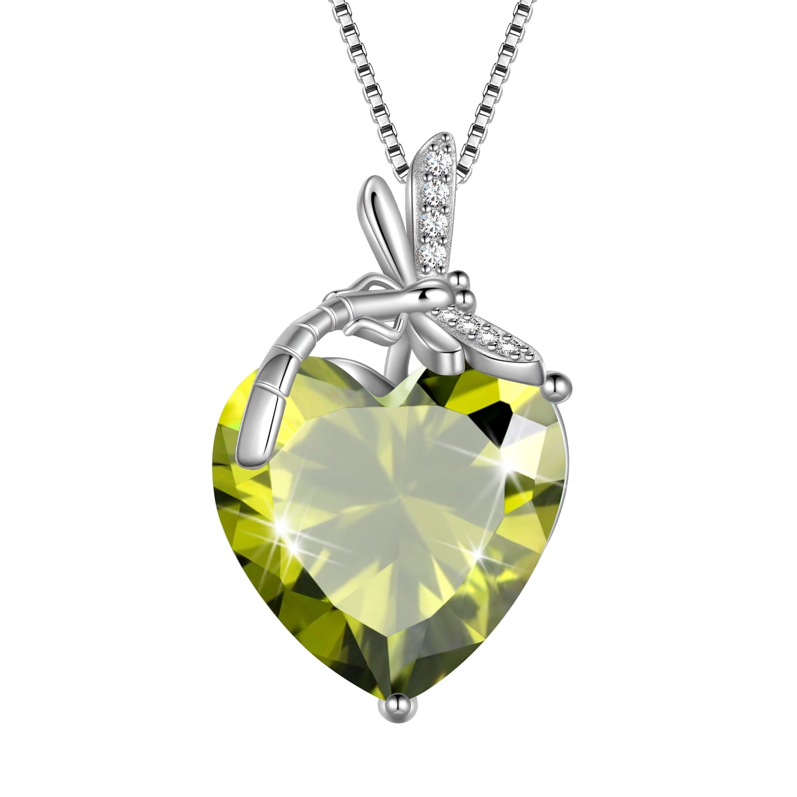 Dragonfly Necklace Heart August Birthstone Necklace Peridot Green CZ 925 Sterling Silver Pendant Jewelry Women Birthday Christmas Mother's Day Gift - Aurora Tears