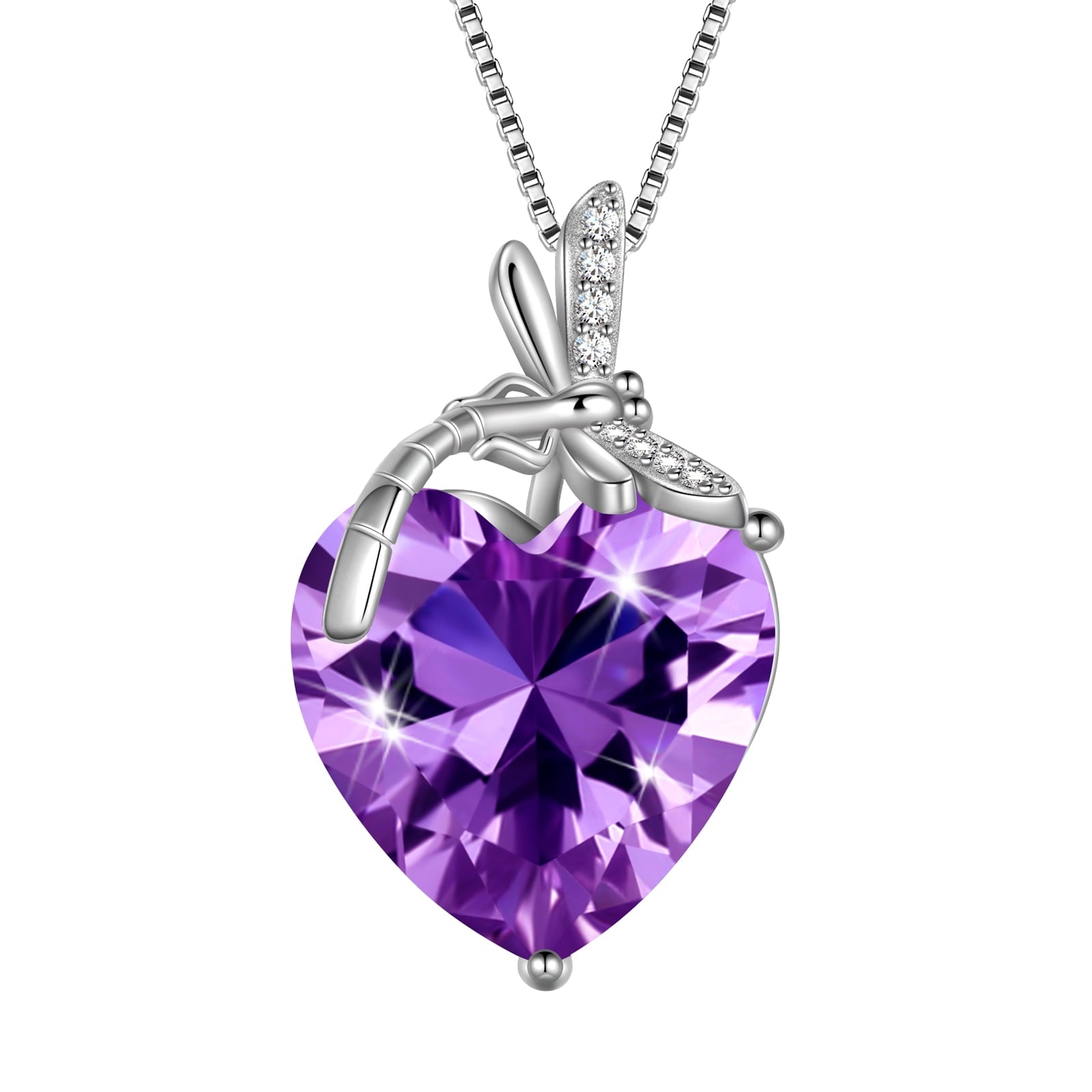 Dragonfly Necklace Heart February Birthstone Necklace Amethyst Purple Jewelry Sterling Silver Pendant Women Birthday Christmas Mother's Day Gifts - Aurora Tears