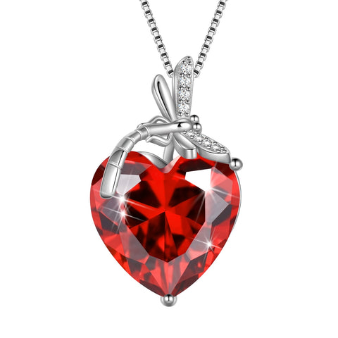 Dragonfly Necklace Heart January Birthstone Necklace Garnet CZ 925 Sterling Silver Pendant Red Jewelry Women Birthday Christmas Mother's Day Gifts - Aurora Tears