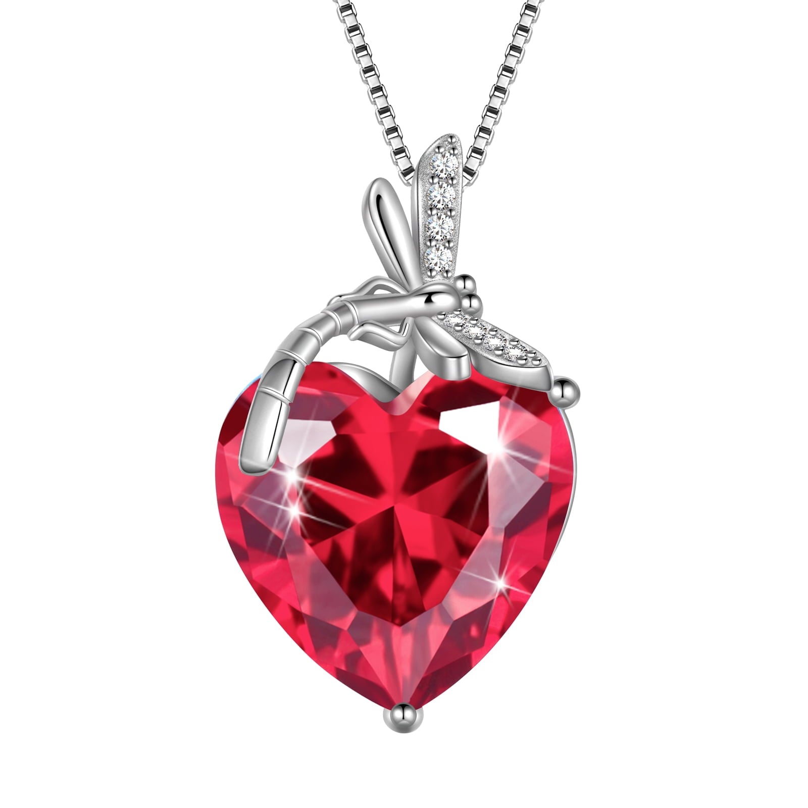 Dragonfly Necklace Heart July Birthstone Necklace Ruby Red 925 Sterling Silver Pendant Jewelry Women Wedding Birthday Christmas Mother's Day Gifts - Aurora Tears