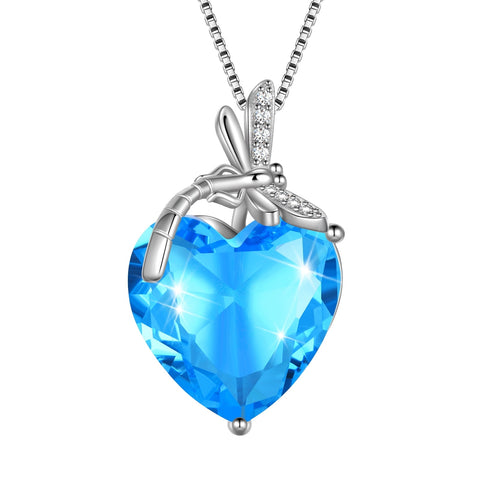 Dragonfly Necklace Heart March Birthstone Necklace Aquamarine 925 Sterling Silver Pendant Blue Jewelry Women Birthday Christmas Mother's Day Gifts - Aurora Tears