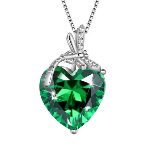 Dragonfly Necklace Heart May Birthstone Necklace Emerald CZ 925 Sterling Silver Pendant Green Jewelry Women Birthday Christmas Mother's Day Gifts - Aurora Tears