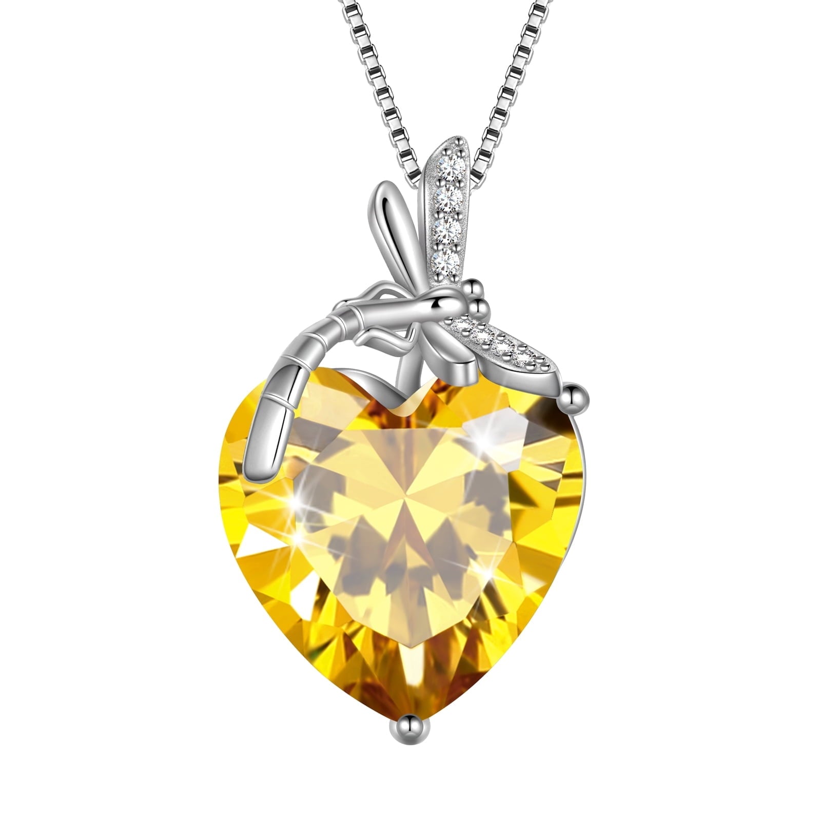 Dragonfly Necklace Heart November Birthstone Necklace Citrine 925 Sterling Silver Pendant Yellow Jewelry Women Birthday Christmas Mother's Day Gift - Aurora Tears