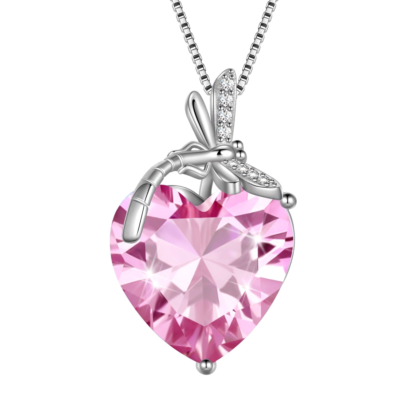Dragonfly Necklace Heart October Birthstone Necklace Tourmaline 925 Sterling Silver Pendant Pink Jewelry Women Birthday Christmas Mother's Day Gift - Aurora Tears