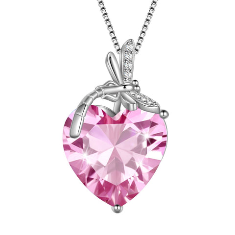 Dragonfly Necklace Heart October Birthstone Necklace Tourmaline 925 Sterling Silver Pendant Pink Jewelry Women Birthday Christmas Mother's Day Gift - Aurora Tears