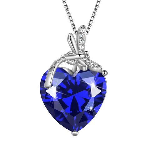 Dragonfly Necklace Heart September Birthstone Necklace Sapphire Blue 925 Sterling Silver Pendant Jewelry Women Birthday Christmas Mother's Day Gift - Aurora Tears