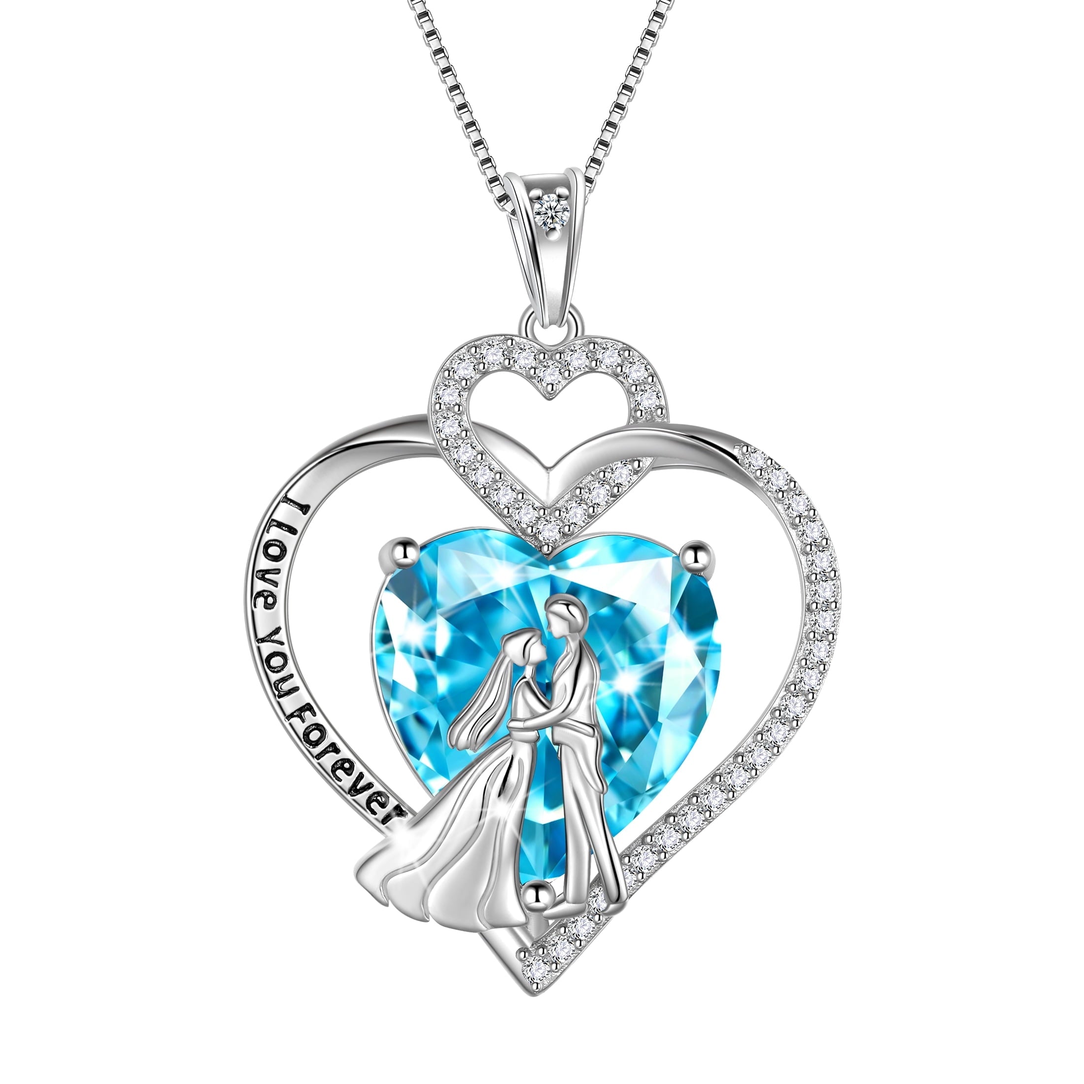 Couple Necklace for Women 925 Sterling Silver Heart March Birthstone Pendant Engraved I Love You Wedding Engagement Jewelry Valentines Day Gift for Wife Bride Her - Aurora Tears