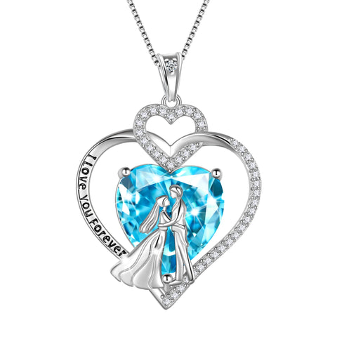 Couple Necklace for Women 925 Sterling Silver Heart March Birthstone Pendant Engraved I Love You Wedding Engagement Jewelry Valentines Day Gift for Wife Bride Her - Aurora Tears