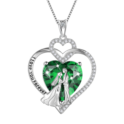Couple Necklace for Women 925 Sterling Silver Heart May Birthstone Pendant Love You Wedding Bridal Engagement Jewelry Valentine's Day Gift for Her Wife Girlfriend - Aurora Tears