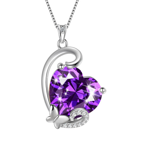 February Birthstone Heart Necklace Butterfly Pendant Purple Amethyst Jewelry 925 Sterling Silver Women Mom Birthday Valentine's Day Gift - Aurora Tears