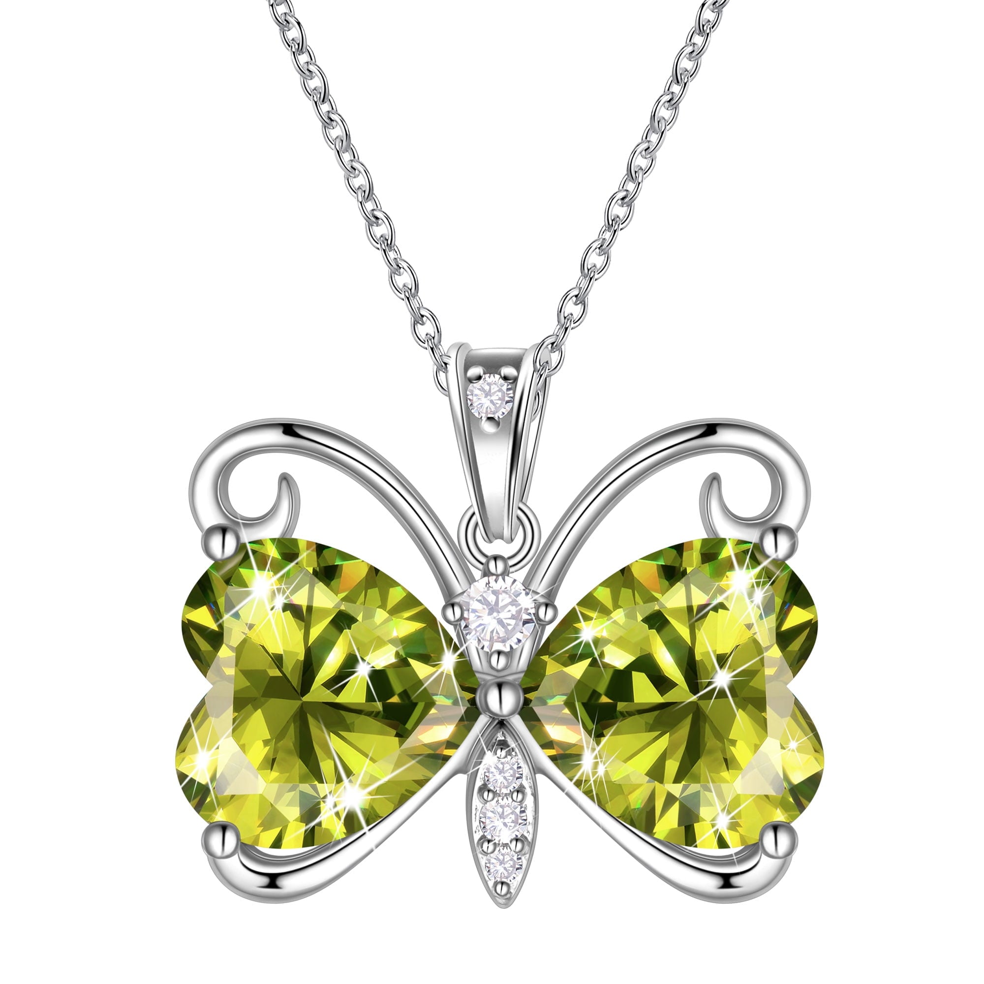 Women Green Butterfly Necklace Heart August Birthstone Necklace Peridot Silver Plated Pendant Jewelry Daughter Wife Birthday Mother's Day Gift - Aurora Tears