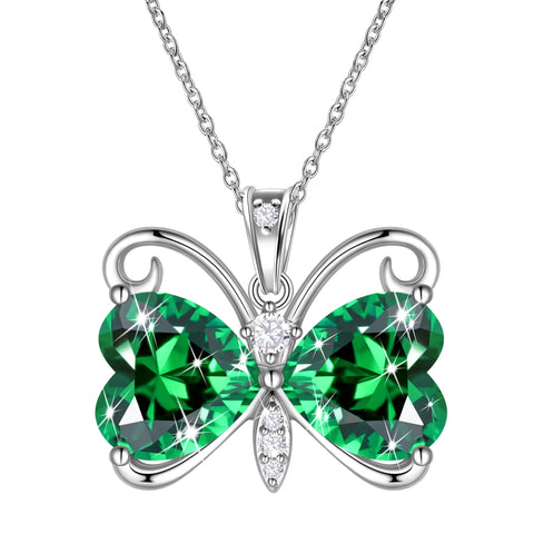 Women Green Butterfly Necklace Heart May Birthstone Necklace Emerald Pendant Jewelry Christmas Birthday Mother's Day Gift for Mom Grandma Wife - Aurora Tears