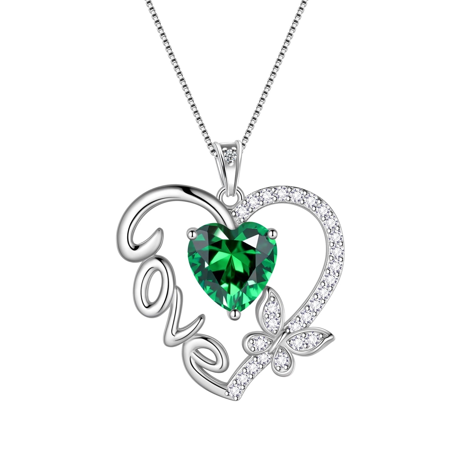 Women Green Love Heart Necklace Butterfly May Birthstone Necklace Emerald 925 Sterling Silver Jewelry Valentine Christmas Birthday Mothers Day Gift Idea - Aurora Tears