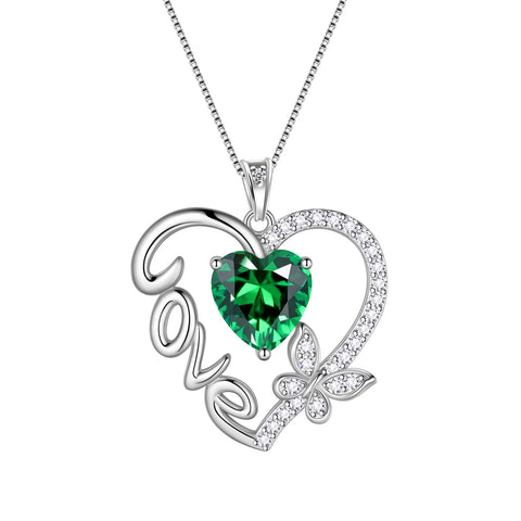 Women Green Love Heart Necklace Butterfly May Birthstone Necklace Emerald 925 Sterling Silver Jewelry Valentine Christmas Birthday Mothers Day Gift Idea - Aurora Tears