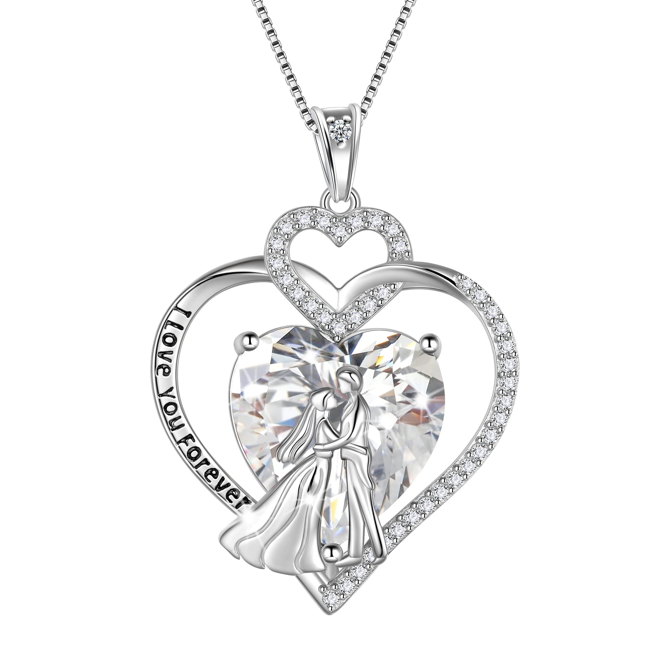 Couple Necklace for Women 925 Sterling Silver Heart April Birthstone Pendant Engraved Wedding Engagement Jewelry Valentines Day Gift for Her Wife Bride Girlfriend - Aurora Tears