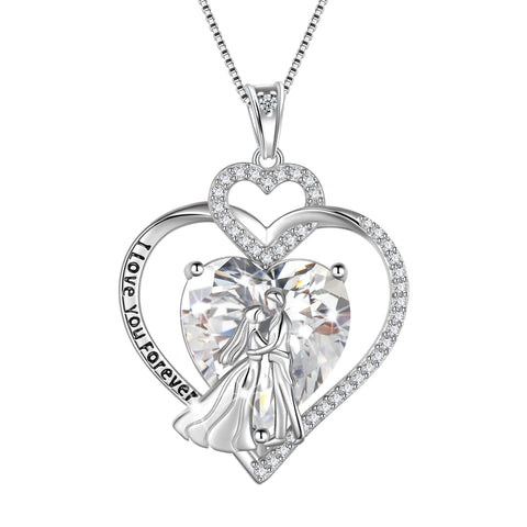 Couple Necklace for Women 925 Sterling Silver Heart April Birthstone Pendant Engraved Wedding Engagement Jewelry Valentines Day Gift for Her Wife Bride Girlfriend - Aurora Tears