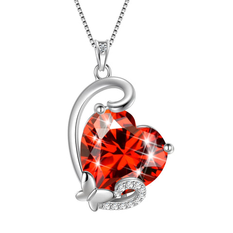 January Birthstone Heart Necklace Butterfly Pendant Red Garnet 925 Sterling Silver Jewelry Mother Women Birthday Christmas Valentine's Day Gift for Her - Aurora Tears