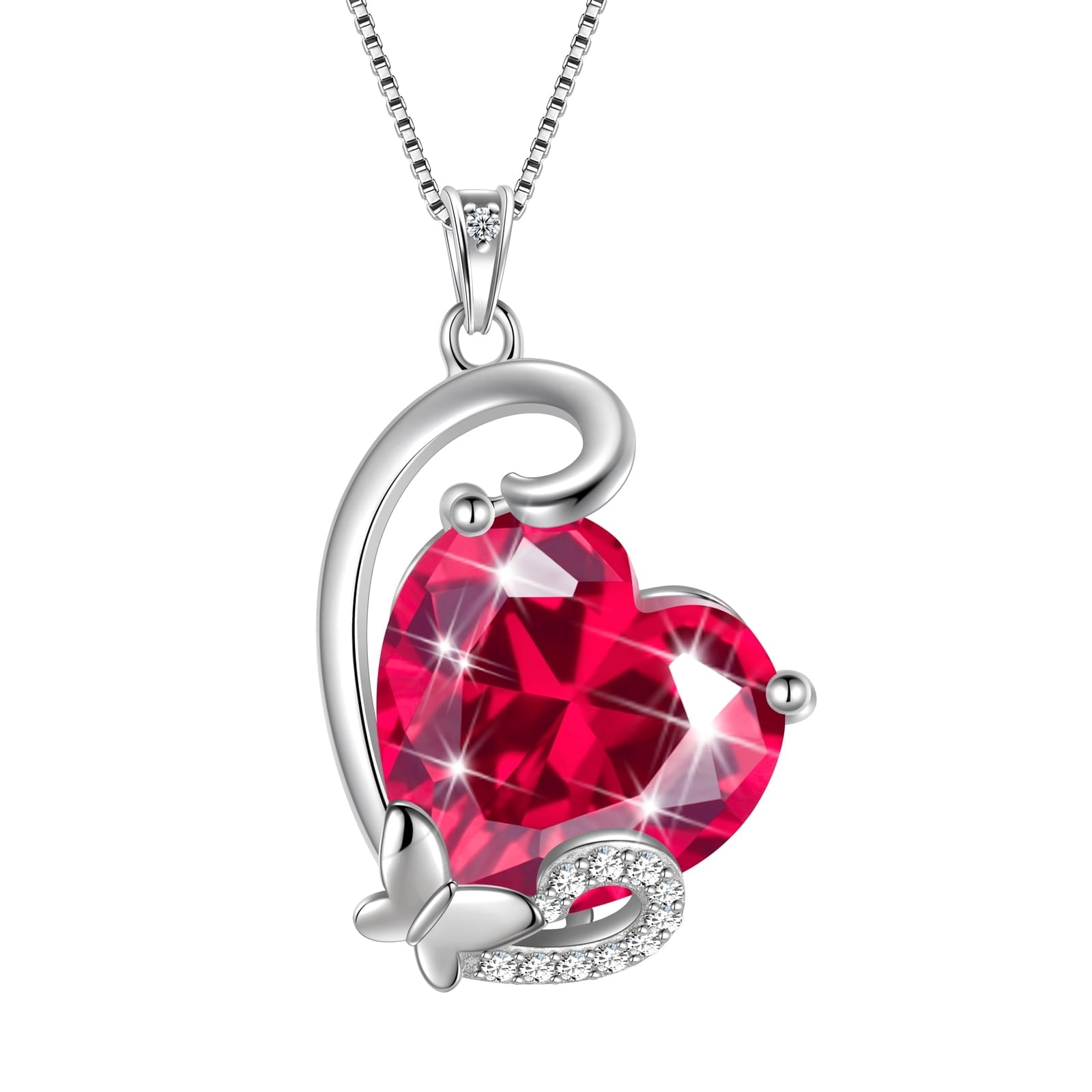 July Birthstone Heart Necklace Butterfly Jewelry Pendant Red Ruby Necklace 925 Sterling Silver Women Mother Birthday Valentine's Day Gift - Aurora Tears