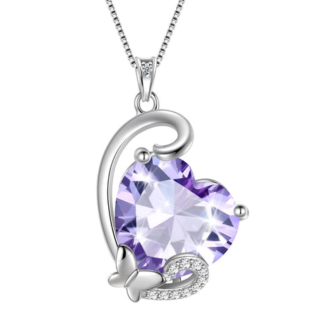 June Birthstone Heart Necklace Butterfly Pendant Alexandrite CZ 925 Sterling Silver Jewelry Mother Women Birthday Valentine's Day Gift - Aurora Tears