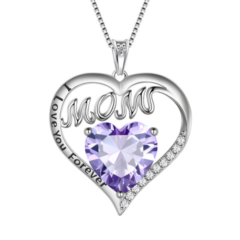 Women Love Heart Mom Necklace June Birthstone Necklace Alexandrite Purple CZ 925 Sterling Silver Pendant Jewelry Christmas Birthday Mother's Day Gifts - Aurora Tears