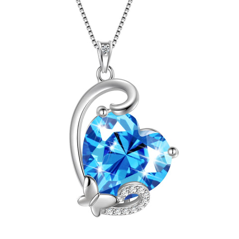 March Birthstone Necklace Butterfly Heart Pendant Blue Aquamarine Jewelry 925 Sterling Silver Women Mother Birthday Valentine's Day Gift - Aurora Tears
