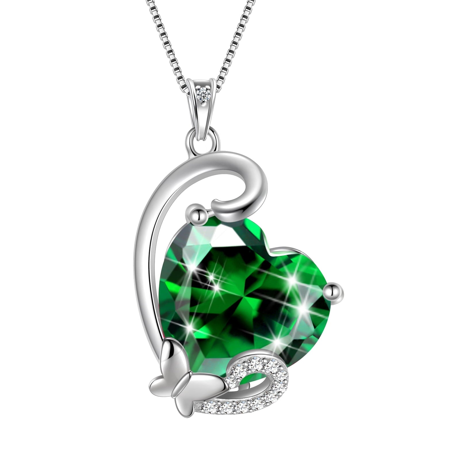 May Birthstone Heart Necklace Butterfly Pendant Green Emerald Sterling Silver Jewelry Women Birthday Christmas Mother's Day Gifts for Mom Grandma - Aurora Tears