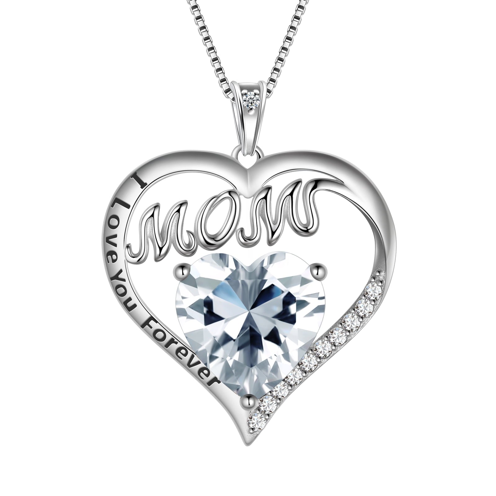 Women Mom Necklace Heart April Birthstone Necklace Diamond White CZ 925 Sterling Silver Pendant Jewelry Christmas Birthday Mother's Day Gifts - Aurora Tears