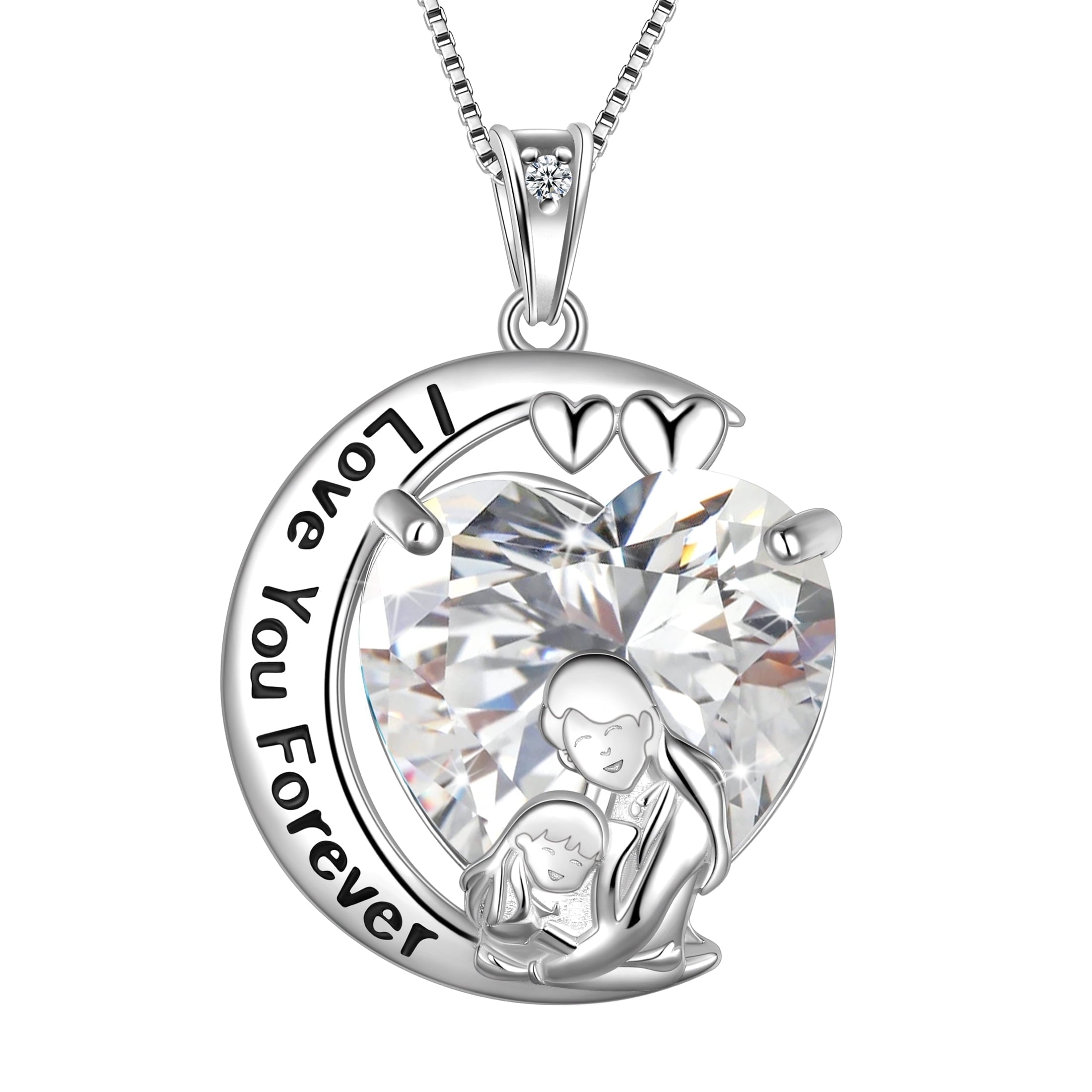 Moon Love Heart Mother Daughter Necklace 925 Sterling Silver Diamond April Birthstone Pendant Jewelry Women Christmas Birthday Mother's Day Gift - Aurora Tears