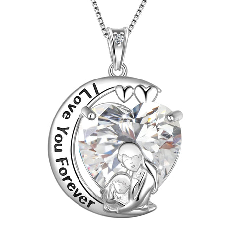 Moon Love Heart Mother Daughter Necklace 925 Sterling Silver Diamond April Birthstone Pendant Jewelry Women Christmas Birthday Mother's Day Gift - Aurora Tears