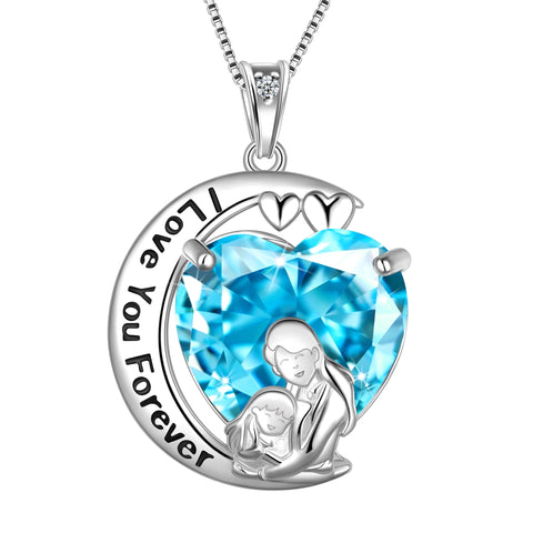 Moon Heart Mother Daughter Necklace 925 Sterling Silver Blue Aquamarine March Birthstone Pendant Jewelry Women Christmas Birthday Mother's Day Gift - Aurora Tears