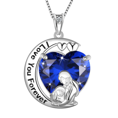 Moon Heart Mother and Daughter Necklace 925 Sterling Silver Blue Sapphire September Birthstone Pendant Jewelry Women Birthday Christmas Mothers Day Gift - Aurora Tears